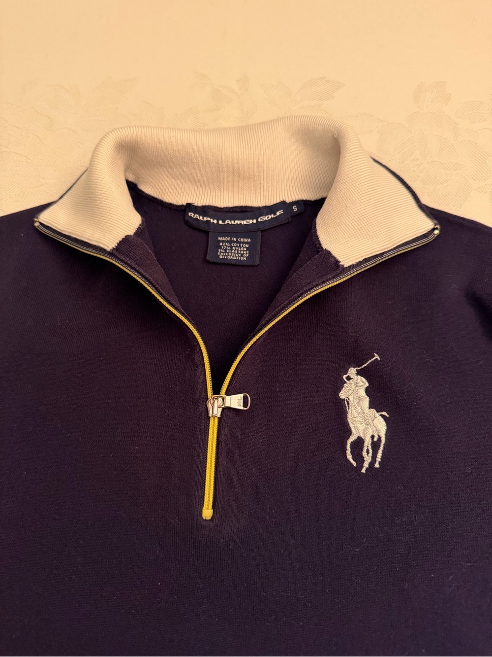 Ralph Lauren Navy Short-Sleeve Polo Sweater with Yellow Zip and Navy Belt